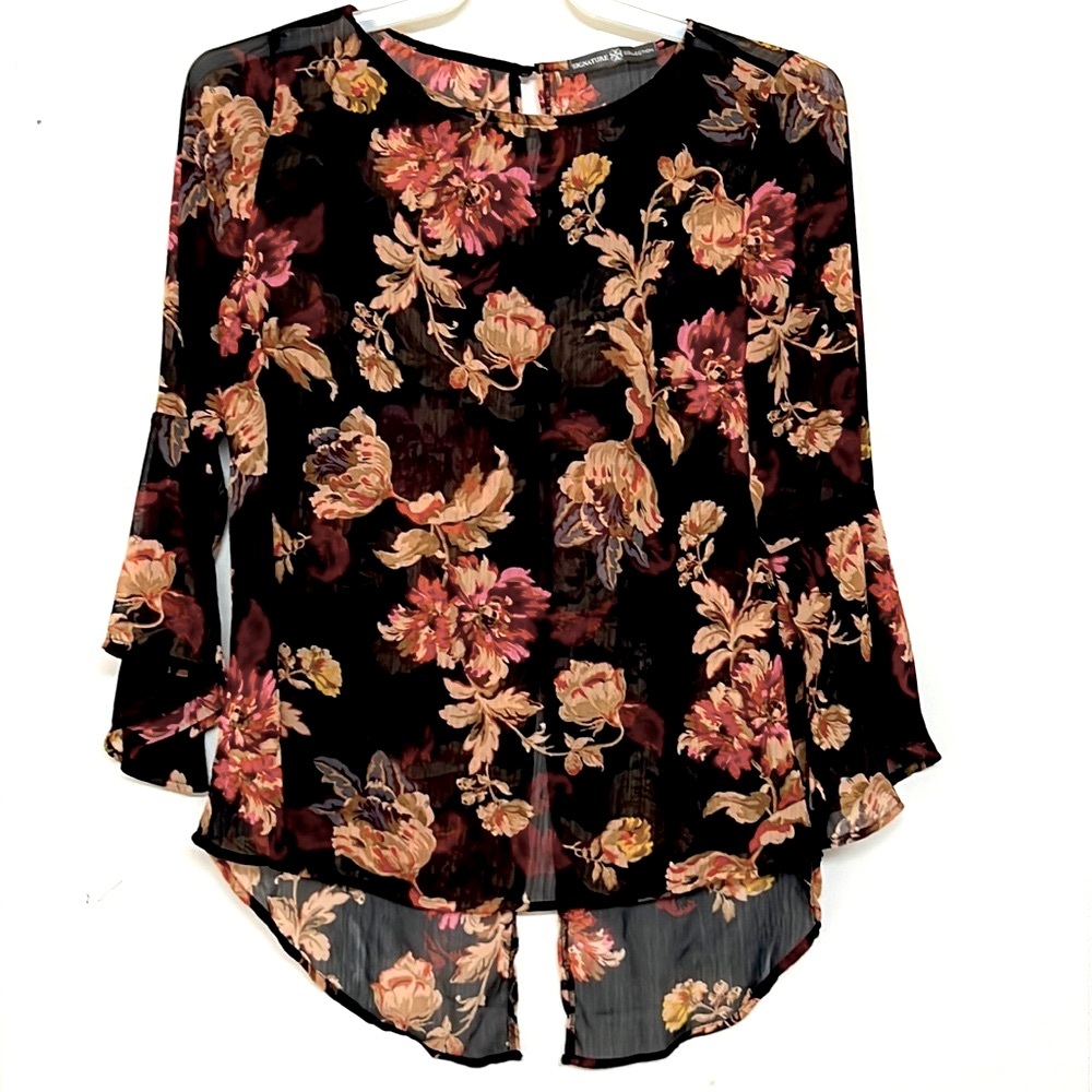 🌞 Signature Collection Sheer black floral top with tails & bell sleeves women M